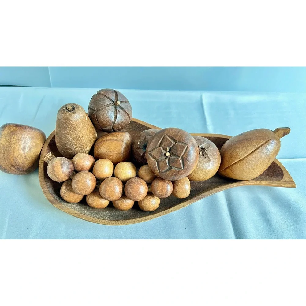 Vintage Hand Carved Wooden Fruit 10 Piece Set with Leaf Shaped Bowl Centerpiece